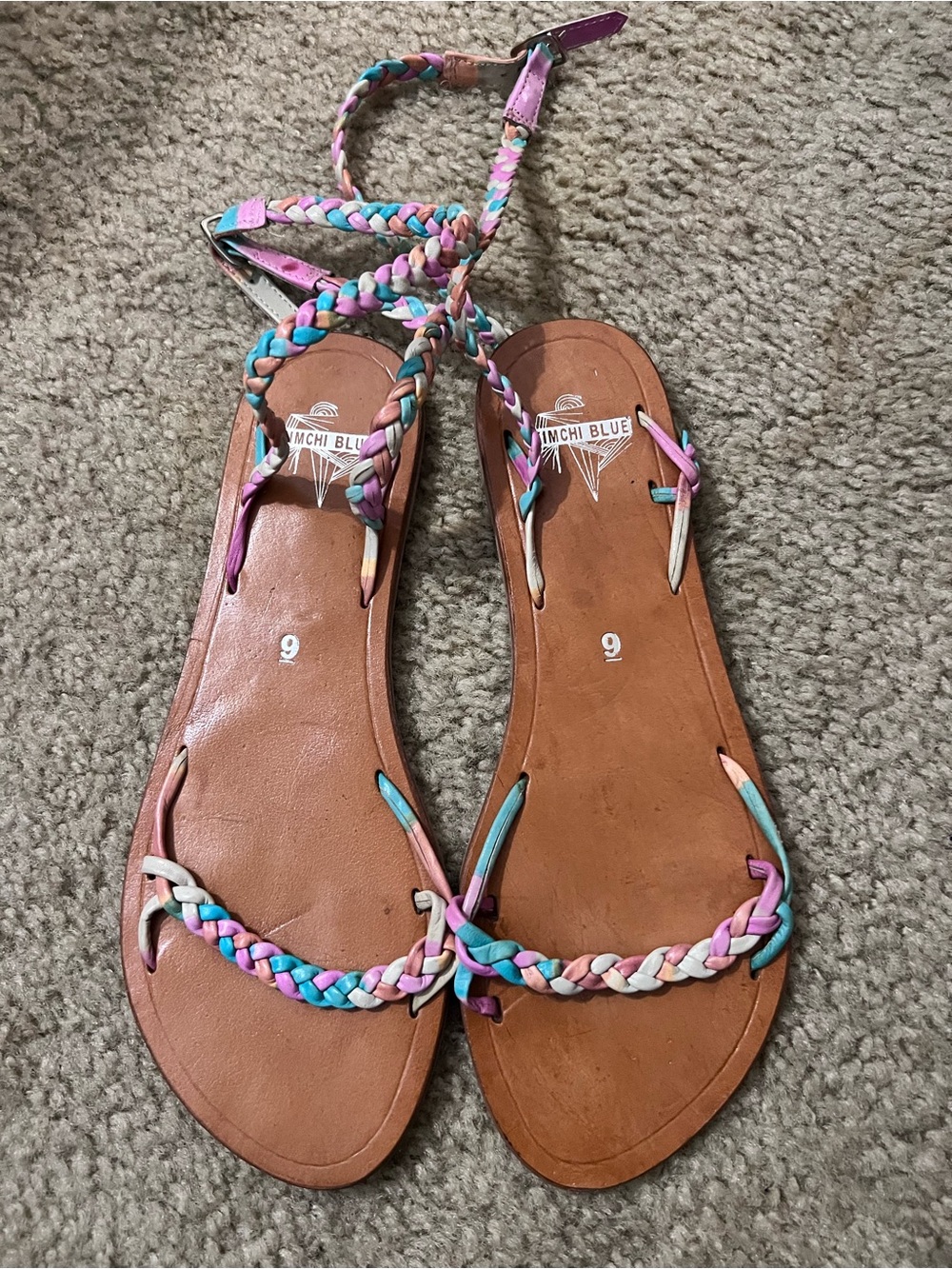 Kimchi Blue Multicolor Braided Leather Wrap Sandals - Pink, Purple, Teal, Cream